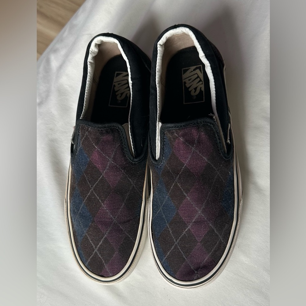 Vans Black and Purple Argyle Slip-On Loafers